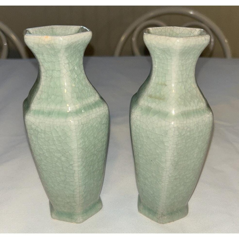Maitland Smith LTD 6 Inch Small Pistachio Green Pottery Vases Set Of 2 Crackle